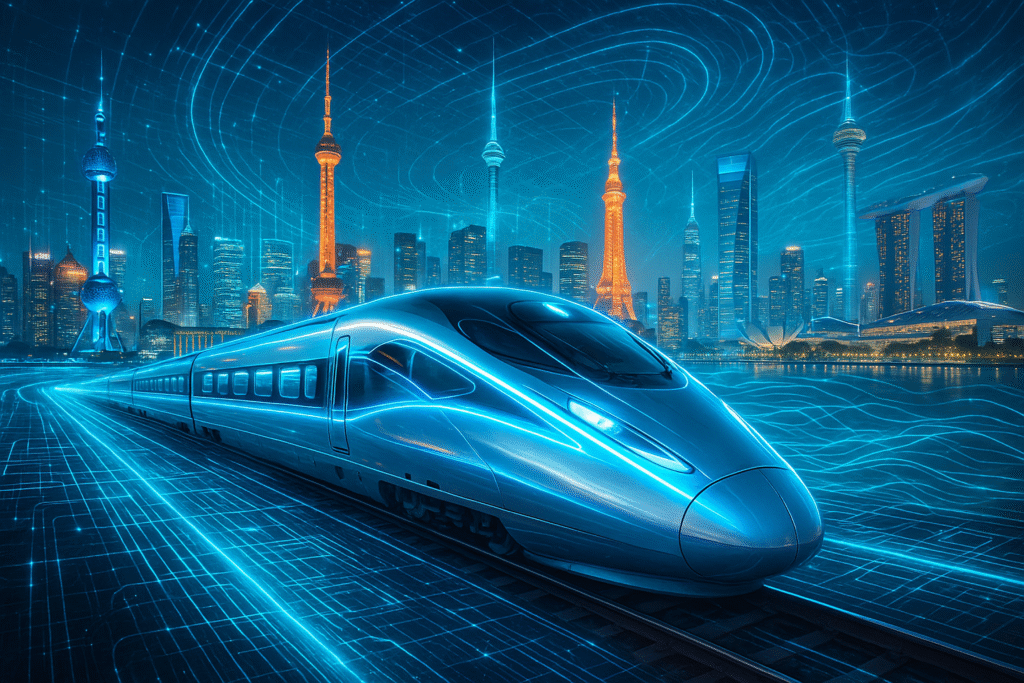 Futuristic high-speed smart train in Asia with glowing IoT digital connections and city skylines of Shanghai, Tokyo, and Singapore at night.