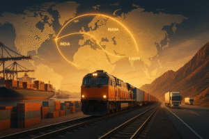 Illustration of the International North–South Transport Corridor (INSTC) showing cargo ship, freight train, and trucks connecting India, Iran, Russia, and Europe.