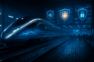 Cybersecurity in railways – futuristic high-speed train protected by digital shields, firewall icons, and secure data networks.