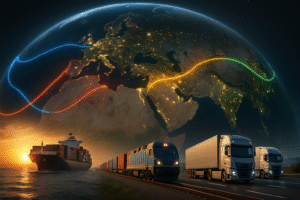 Illustration of competing global trade corridors with cargo ship, freight train, trucks, and glowing trade routes including Suez, Cape of Good Hope, INSTC, and Turkey land bridge.