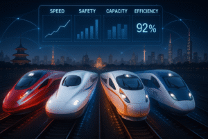Regional railway leaders and benchmarks – China CR450, Japan Shinkansen, India Vande Bharat, and Korea KTX high-speed trains compared by speed, safety, capacity, and efficiency.