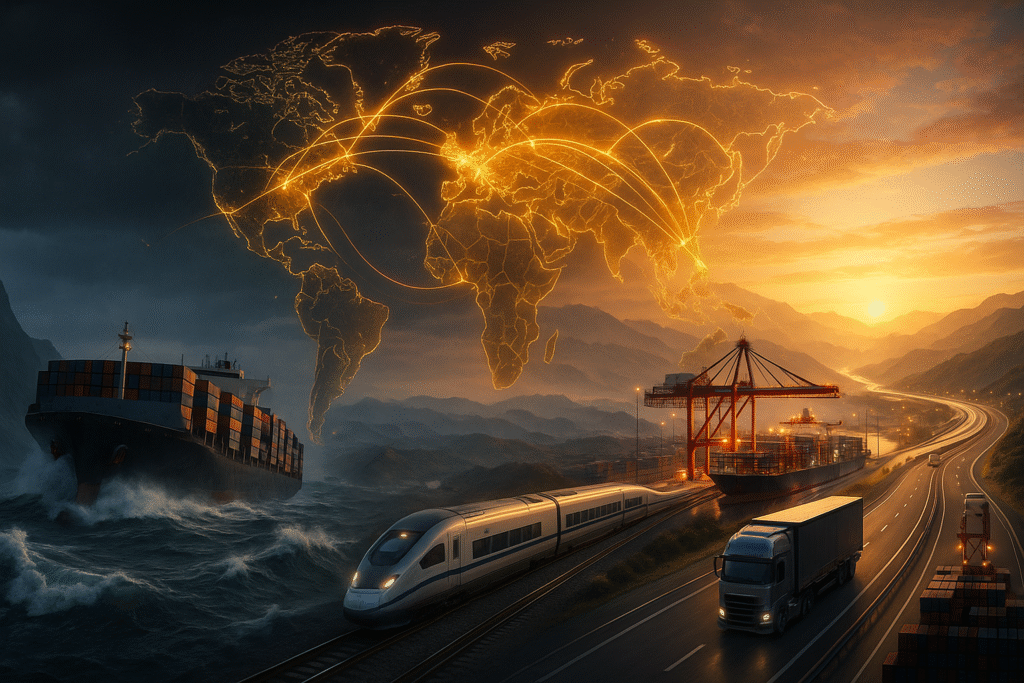 Multimodal transport corridor illustration with cargo ship, freight train, trucks, and global trade routes connecting India, Iran, Russia, and Europe at sunset