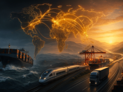Multimodal transport corridor illustration with cargo ship, freight train, trucks, and global trade routes connecting India, Iran, Russia, and Europe at sunset