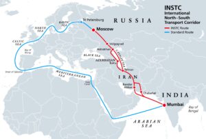 Map of the International North&ndash;South Transport Corridor (INSTC) showing rail and intermodal freight routes connecting India, Iran, and Russia