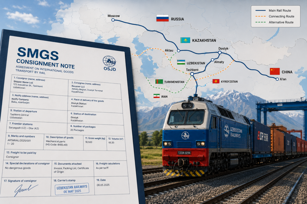 SMGS Consignment Note used in international rail freight, showing Eurasian rail corridors, Central Asia transport routes, rail cargo documentation workflow, and cross-border railway logistics.