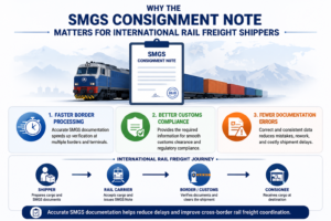 SMGS Consignment Note infographic showing faster border processing, customs compliance, fewer documentation errors, and the international rail freight shipment process across Central Asia and CIS rail corridors.