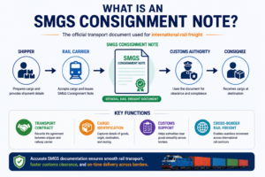 SMGS Consignment Note infographic showing the document workflow between shipper, rail carrier, customs authority, and consignee, along with its key functions in international rail freight and cross-border logistics.