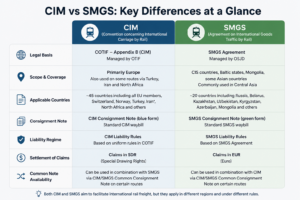 Comparison table showing the key differences between CIM and SMGS consignment notes, including legal framework, country coverage, liability rules, rail freight documentation requirements, and Eurasian rail transport applications.