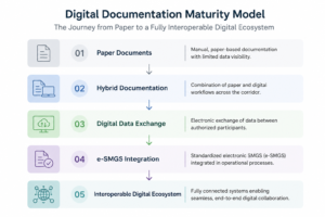Digital Railway Documentation maturity model showing five stages of digital transformation in international rail freight, including paper documents, hybrid documentation, digital data exchange, e-SMGS integration, and interoperable railway information systems.