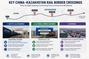 Infographic showing the main China–Kazakhstan rail gateways including Dostyk, Altynkol, and Khorgos, key border crossings for China–Central Asia rail freight and Eurasian rail transport.