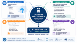 Infographic showing a China–Central Asia rail freight route selection framework based on destination country, border conditions, documentation requirements, and final delivery needs.