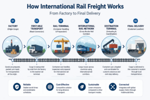 International rail freight process from factory to final delivery through terminals and railway networks