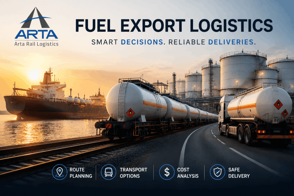 International fuel logistics transportation with rail tank cars, tanker truck and cargo ship