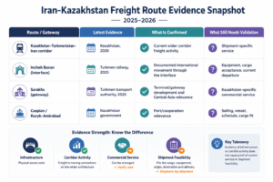 2025–2026 evidence levels for Iran Kazakhstan cargo routes via Incheh Borun, Sarakhs and Caspian gateways