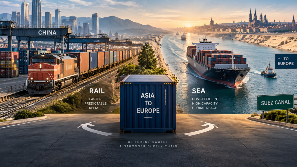 China–Europe rail vs sea freight comparison showing a freight train and container ship using Suez routes to Europe