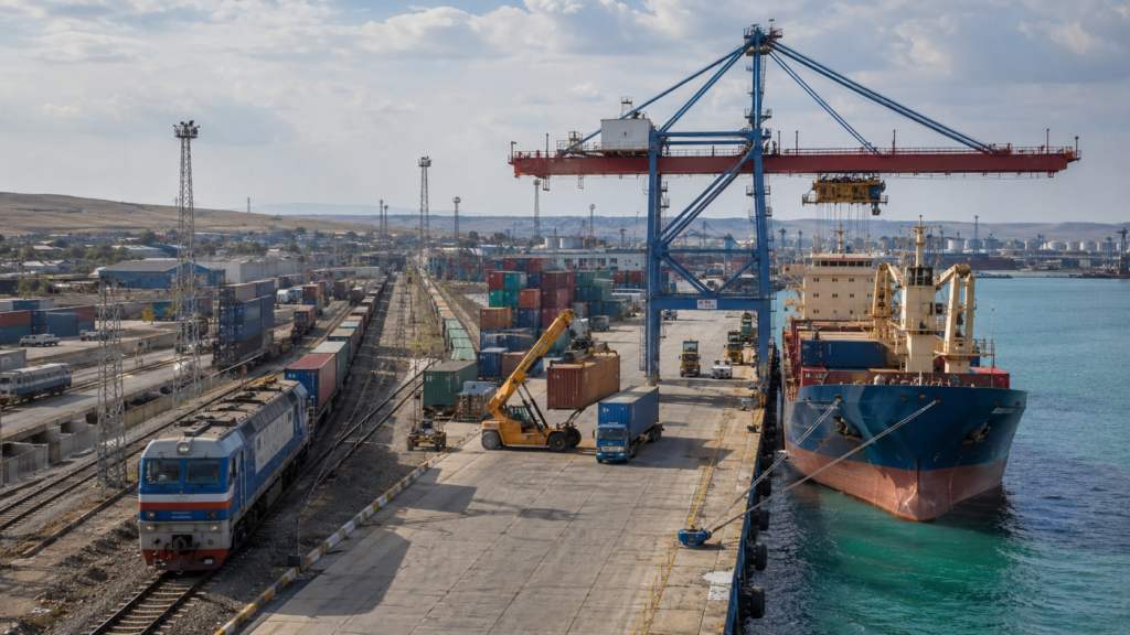 Container freight moving through rail, Caspian port and maritime interfaces on the Middle Corridor