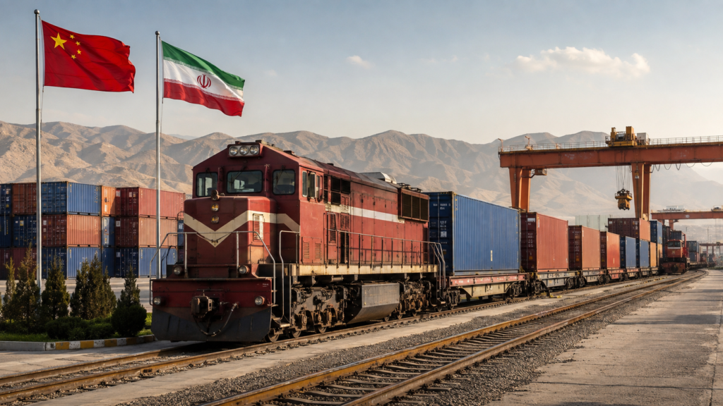 Freight train carrying shipping containers at an inland terminal with Chinese and Iranian flags