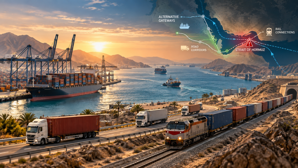 Container shipping rerouted through road and rail landbridge options during a Strait of Hormuz disruption