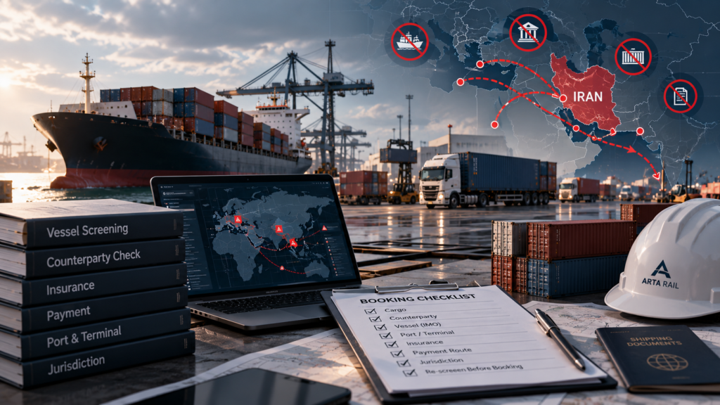 Container vessel, port logistics and freight compliance checks for Iran shipping sanctions before booking